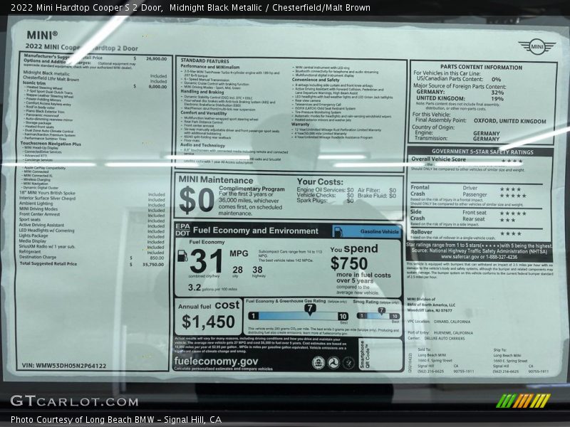  2022 Hardtop Cooper S 2 Door Window Sticker