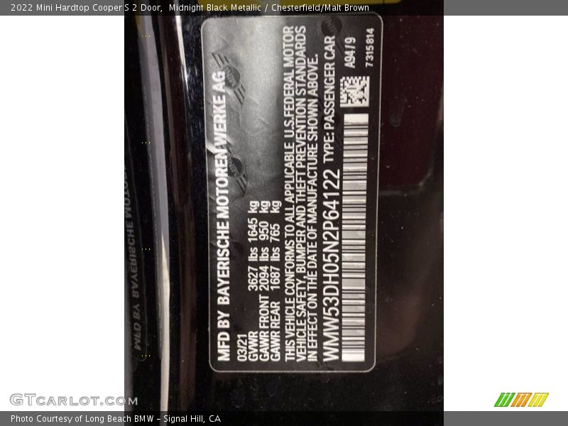 2022 Hardtop Cooper S 2 Door Midnight Black Metallic Color Code A94