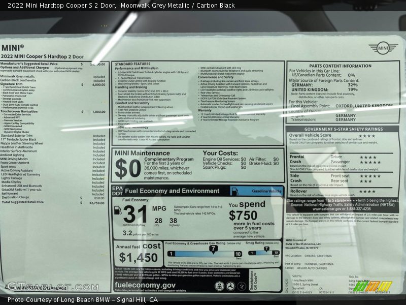  2022 Hardtop Cooper S 2 Door Window Sticker