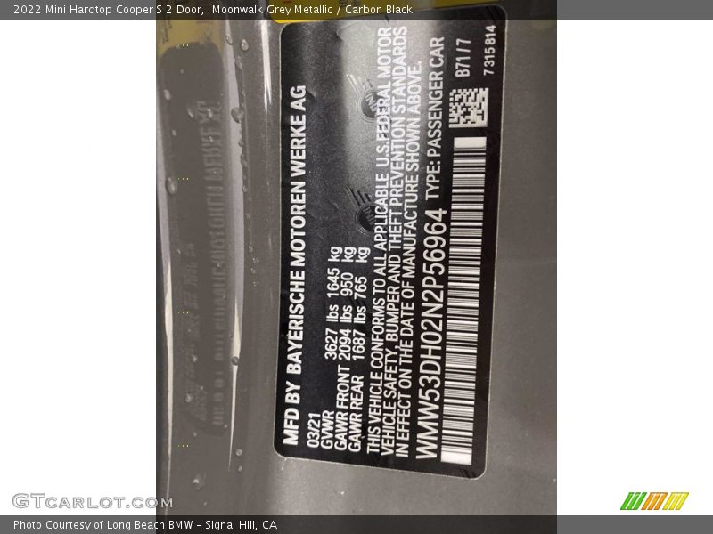 2022 Hardtop Cooper S 2 Door Moonwalk Grey Metallic Color Code B71