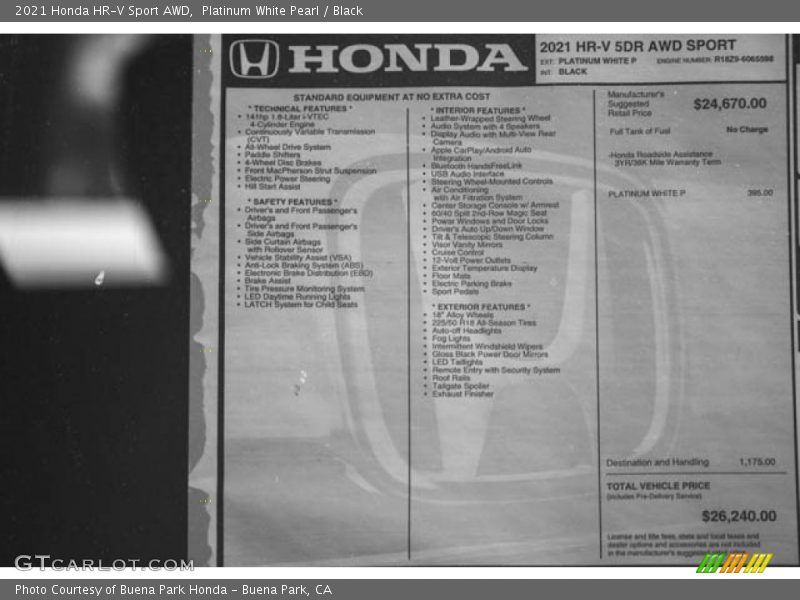 Platinum White Pearl / Black 2021 Honda HR-V Sport AWD