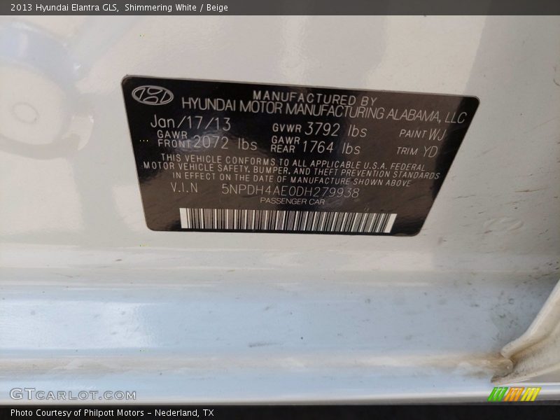 Shimmering White / Beige 2013 Hyundai Elantra GLS