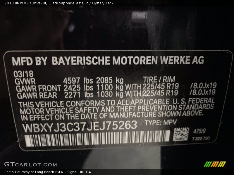 Black Sapphire Metallic / Oyster/Black 2018 BMW X2 sDrive28i