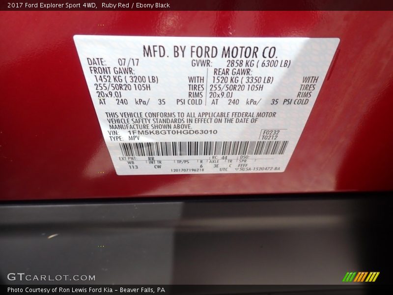 Ruby Red / Ebony Black 2017 Ford Explorer Sport 4WD