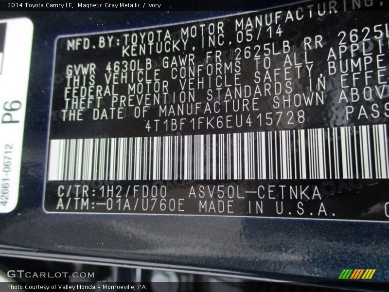 Magnetic Gray Metallic / Ivory 2014 Toyota Camry LE