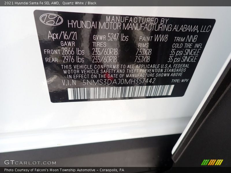 2021 Santa Fe SEL AWD Quartz White Color Code WW8