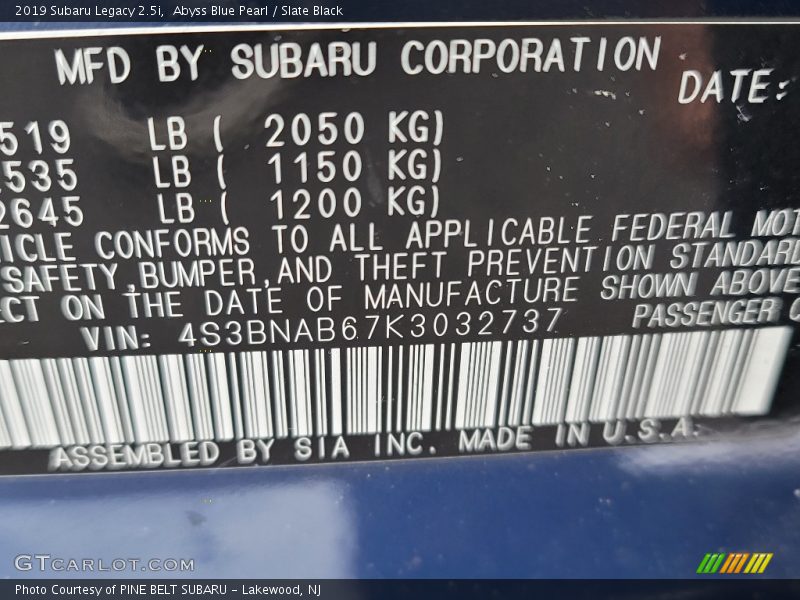 Abyss Blue Pearl / Slate Black 2019 Subaru Legacy 2.5i