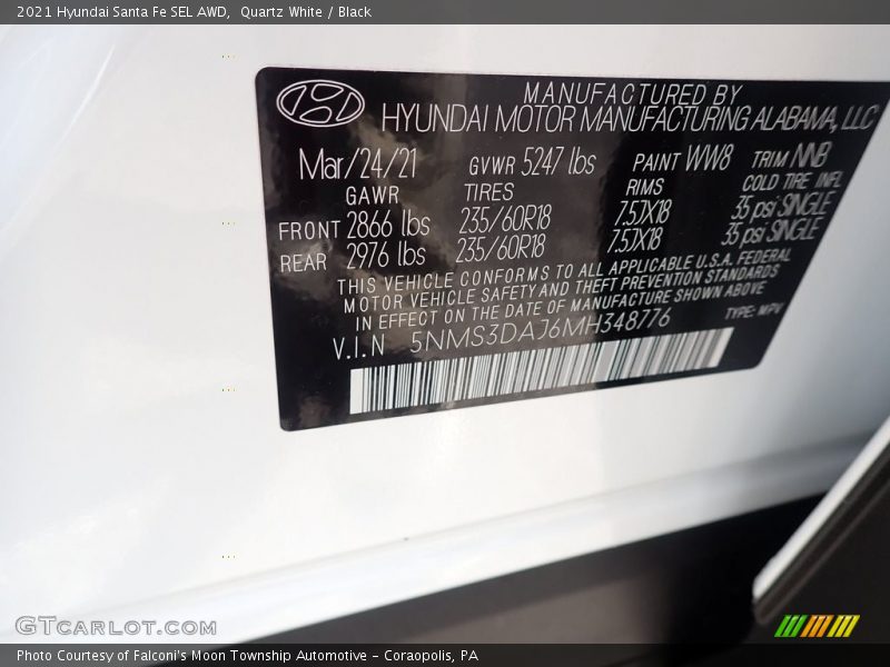 2021 Santa Fe SEL AWD Quartz White Color Code WW8