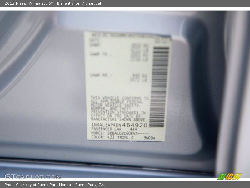 Brilliant Silver / Charcoal 2013 Nissan Altima 2.5 SV