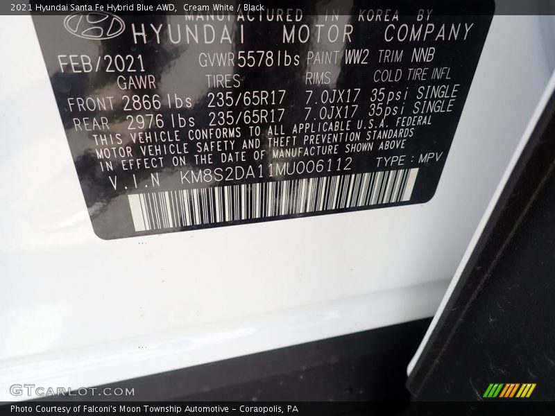 2021 Santa Fe Hybrid Blue AWD Cream White Color Code WW2
