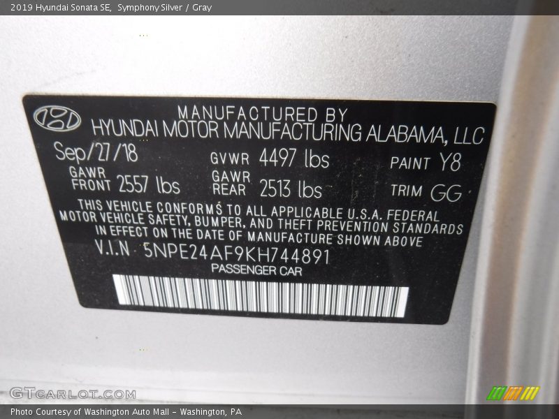 Symphony Silver / Gray 2019 Hyundai Sonata SE