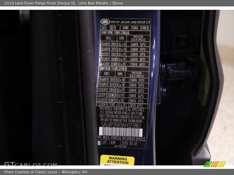 2019 Range Rover Evoque SE Loire Blue Metallic Color Code 1AM