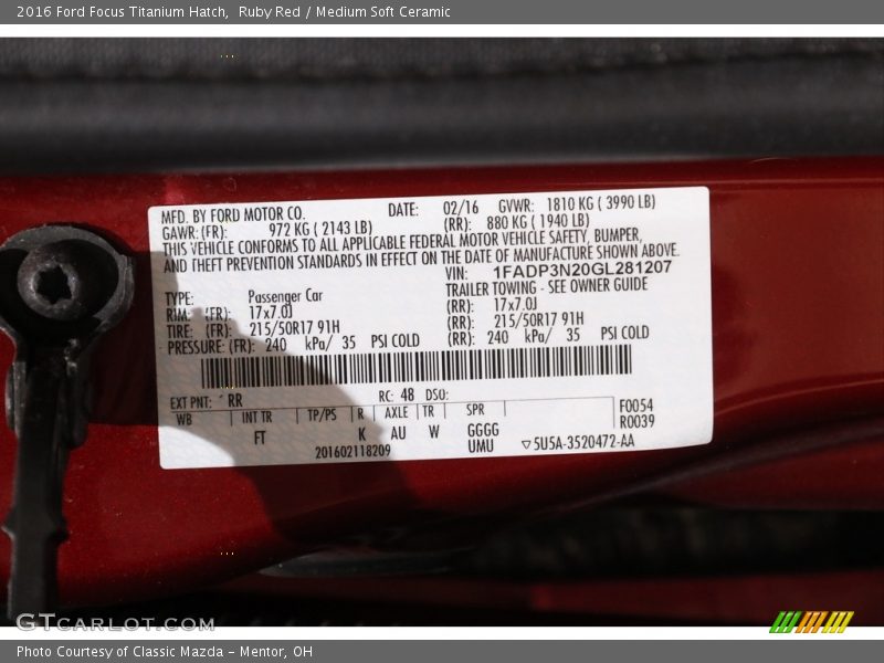 Ruby Red / Medium Soft Ceramic 2016 Ford Focus Titanium Hatch
