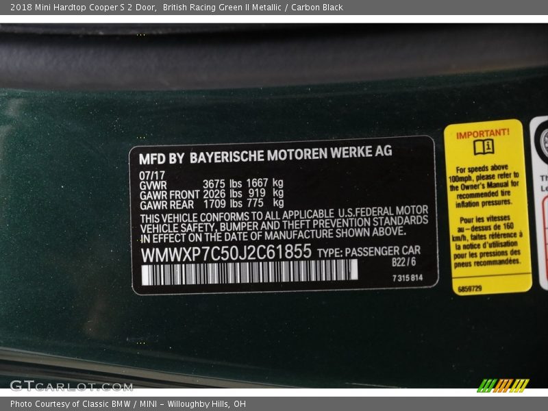 British Racing Green II Metallic / Carbon Black 2018 Mini Hardtop Cooper S 2 Door
