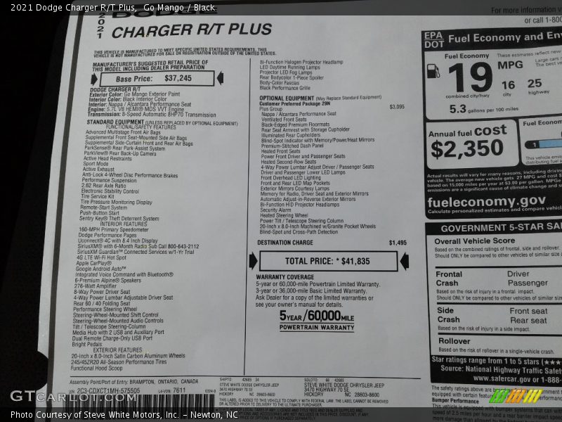 2021 Charger R/T Plus Window Sticker