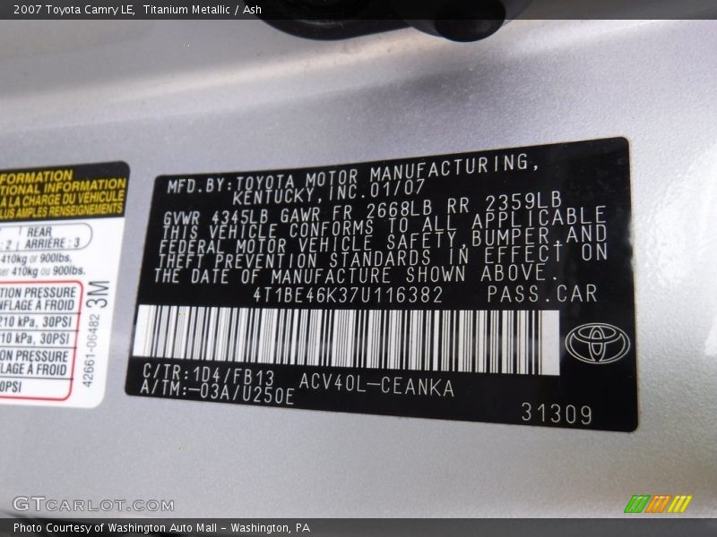 Titanium Metallic / Ash 2007 Toyota Camry LE