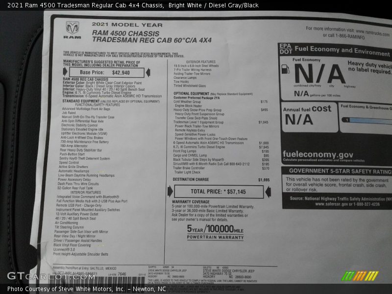  2021 4500 Tradesman Regular Cab 4x4 Chassis Window Sticker