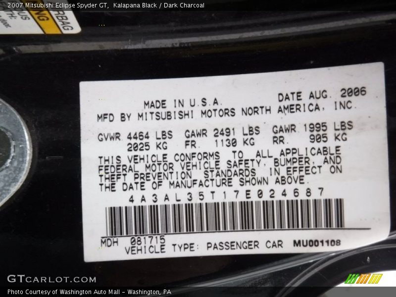 Kalapana Black / Dark Charcoal 2007 Mitsubishi Eclipse Spyder GT