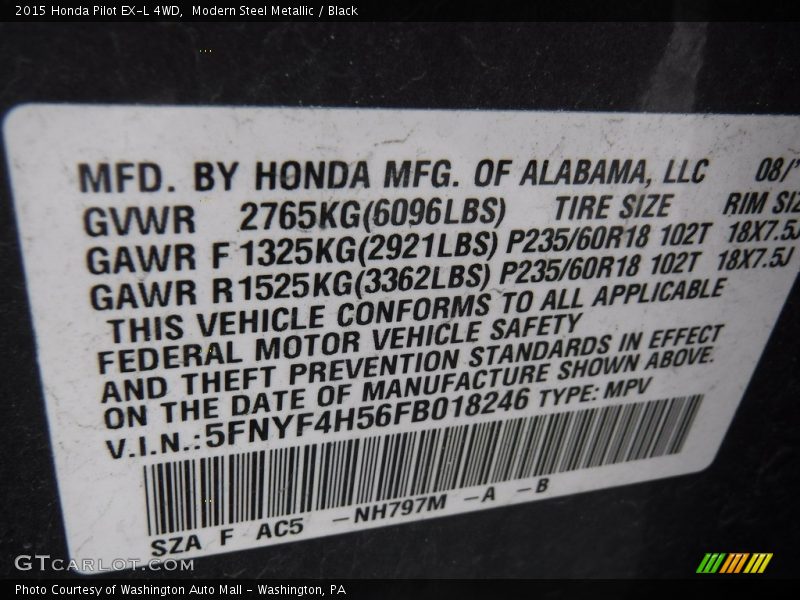 Modern Steel Metallic / Black 2015 Honda Pilot EX-L 4WD