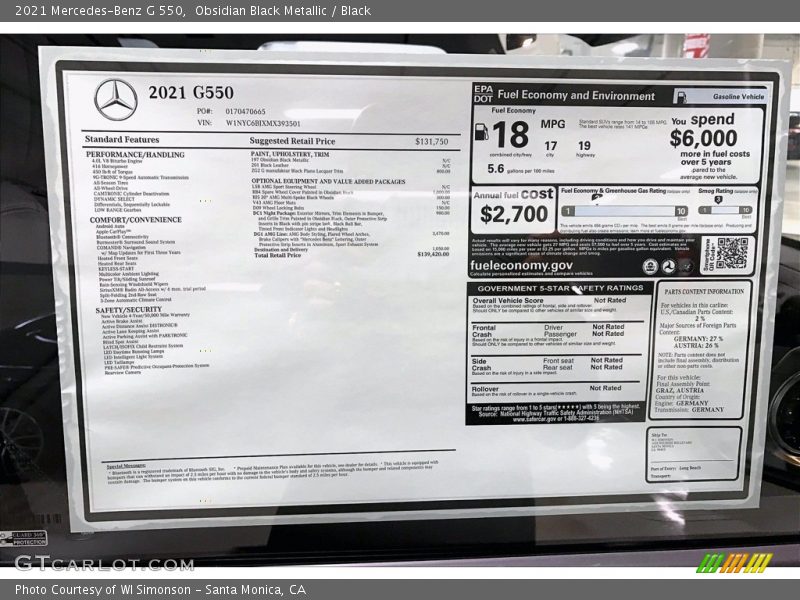  2021 G 550 Window Sticker