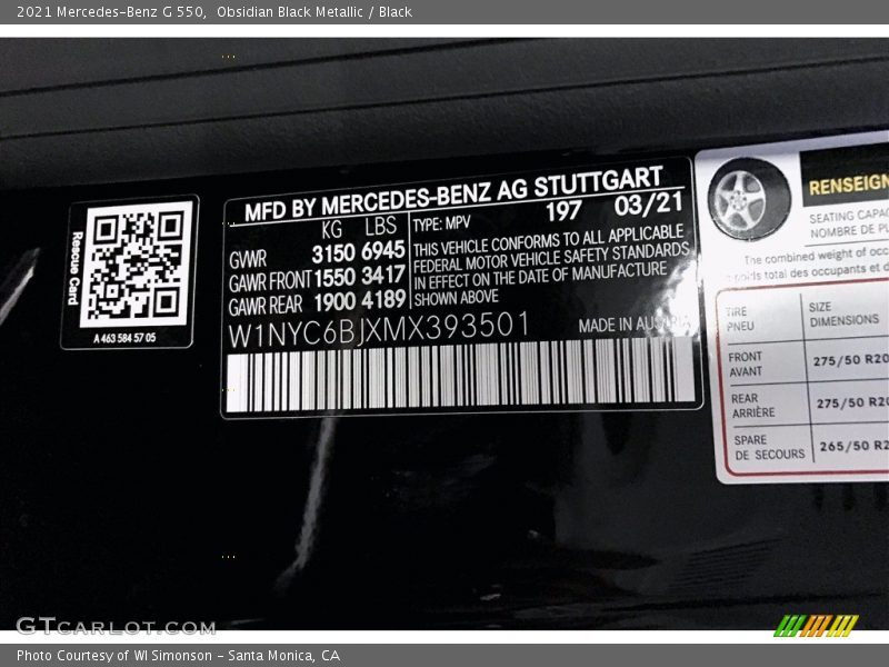 2021 G 550 Obsidian Black Metallic Color Code 197