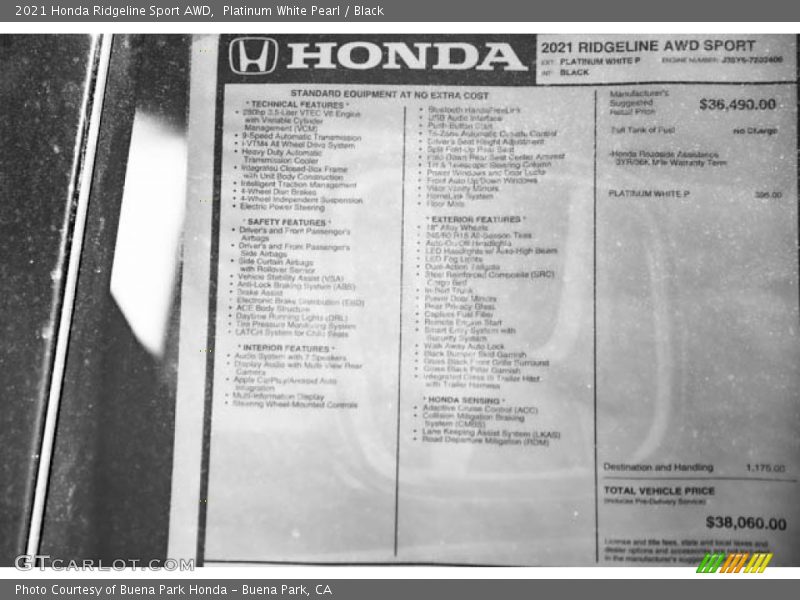Platinum White Pearl / Black 2021 Honda Ridgeline Sport AWD