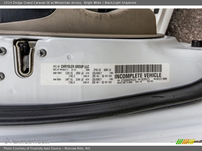 Bright White / Black/Light Graystone 2014 Dodge Grand Caravan SE w/Wheelchair Access
