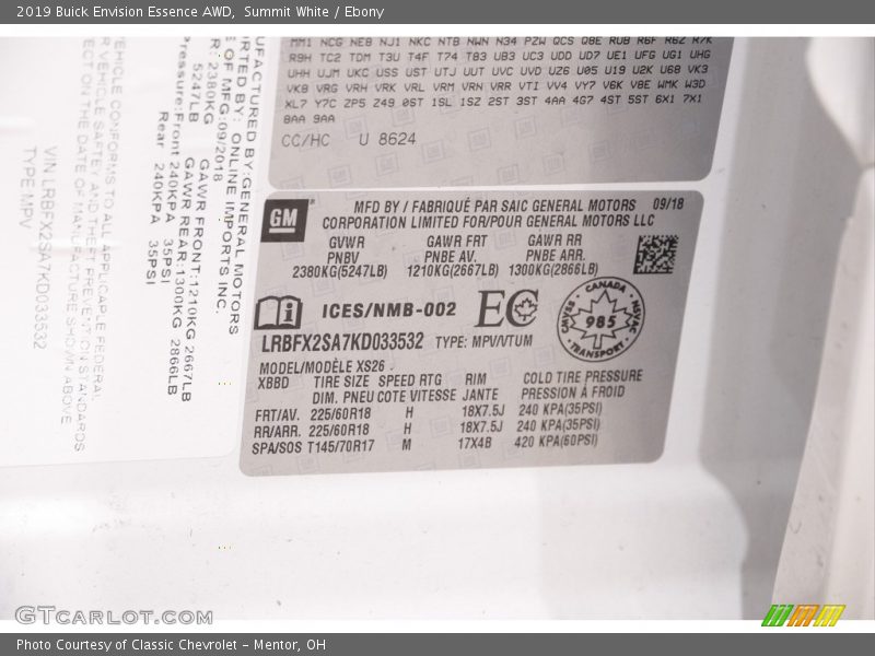 Summit White / Ebony 2019 Buick Envision Essence AWD