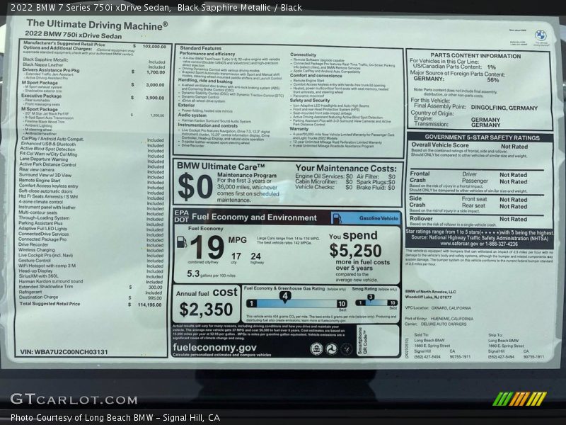  2022 7 Series 750i xDrive Sedan Window Sticker