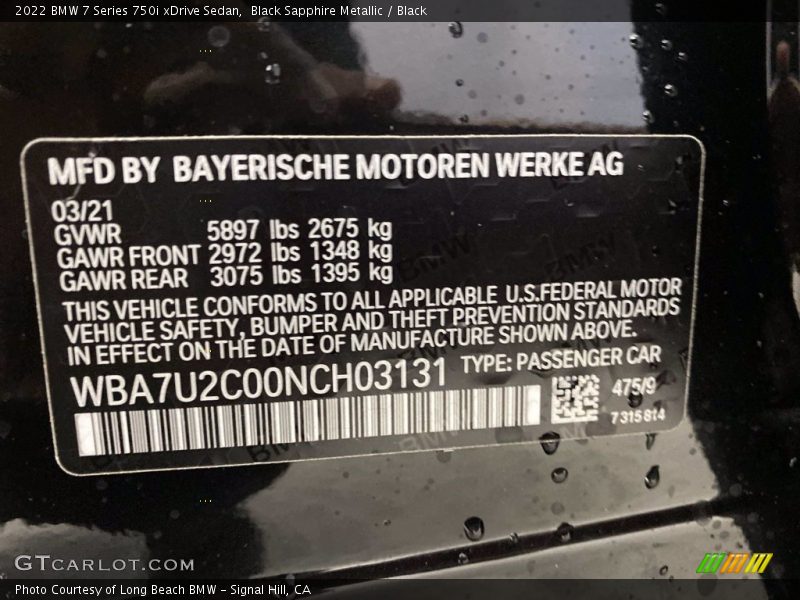 2022 7 Series 750i xDrive Sedan Black Sapphire Metallic Color Code 475