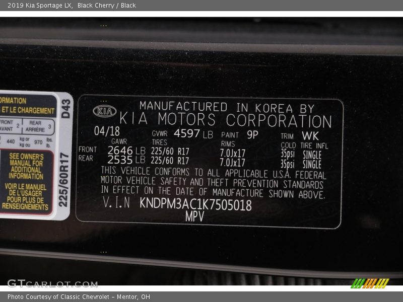 Black Cherry / Black 2019 Kia Sportage LX