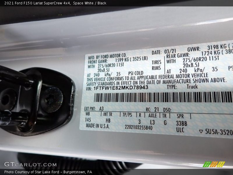 2021 F150 Lariat SuperCrew 4x4 Space White Color Code A3