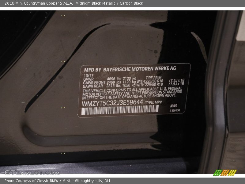 Midnight Black Metallic / Carbon Black 2018 Mini Countryman Cooper S ALL4