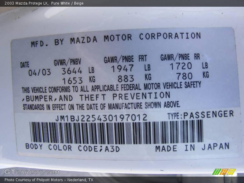 Pure White / Beige 2003 Mazda Protege LX