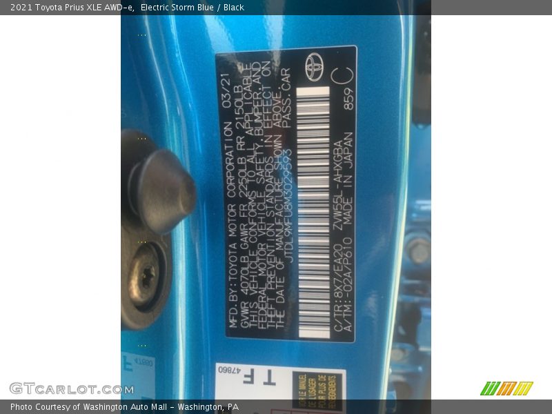 2021 Prius XLE AWD-e Electric Storm Blue Color Code 8X7