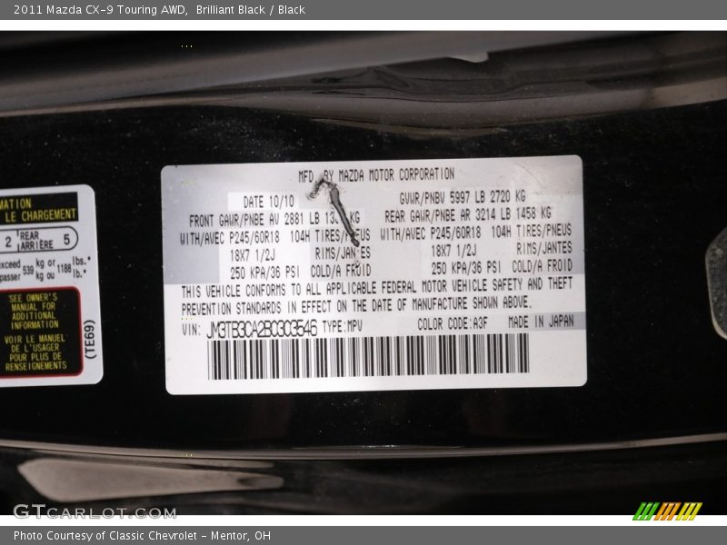 Brilliant Black / Black 2011 Mazda CX-9 Touring AWD