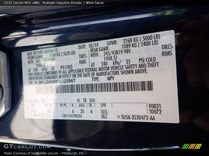Midnight Sapphire Metallic / White Sands 2015 Lincoln MKC AWD