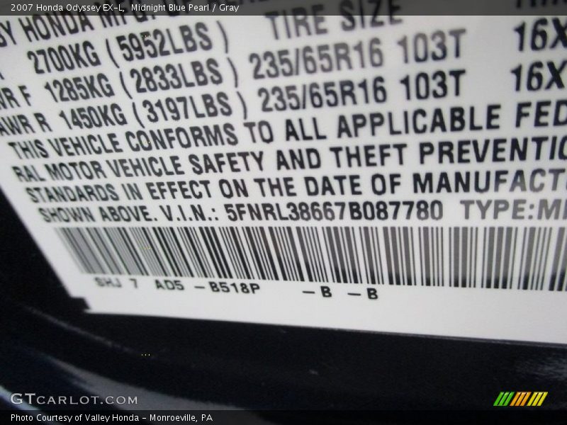 Midnight Blue Pearl / Gray 2007 Honda Odyssey EX-L