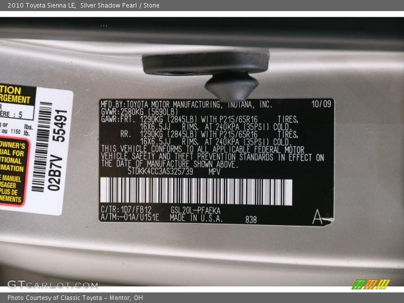 Silver Shadow Pearl / Stone 2010 Toyota Sienna LE