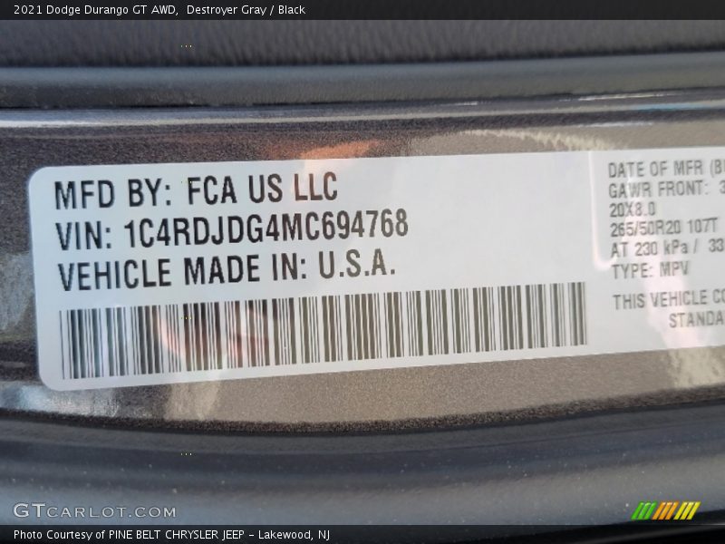 Destroyer Gray / Black 2021 Dodge Durango GT AWD