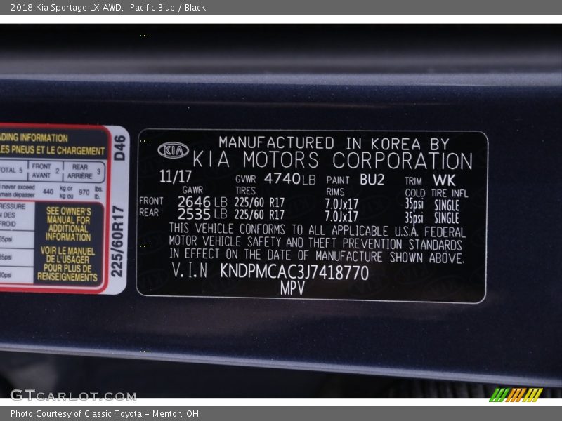 Pacific Blue / Black 2018 Kia Sportage LX AWD