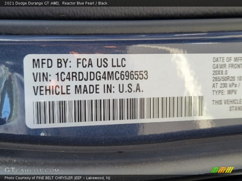 Reactor Blue Pearl / Black 2021 Dodge Durango GT AWD
