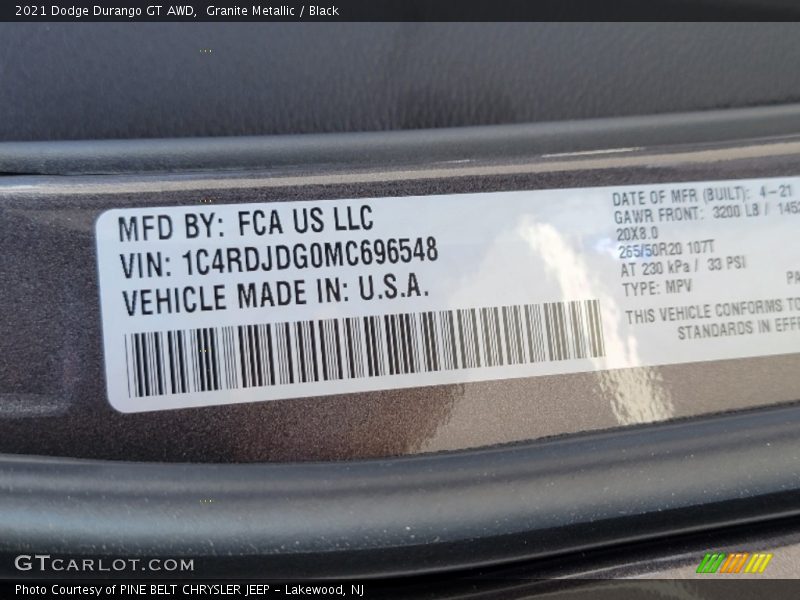 Granite Metallic / Black 2021 Dodge Durango GT AWD