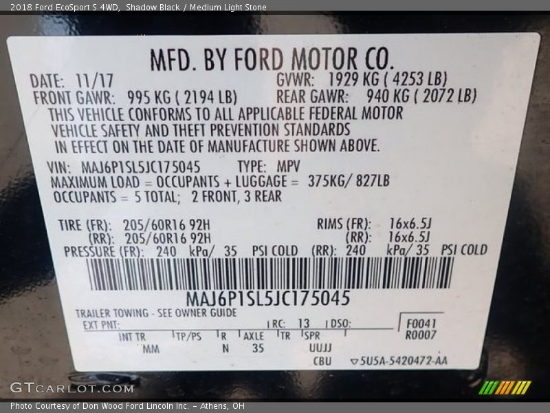 Shadow Black / Medium Light Stone 2018 Ford EcoSport S 4WD