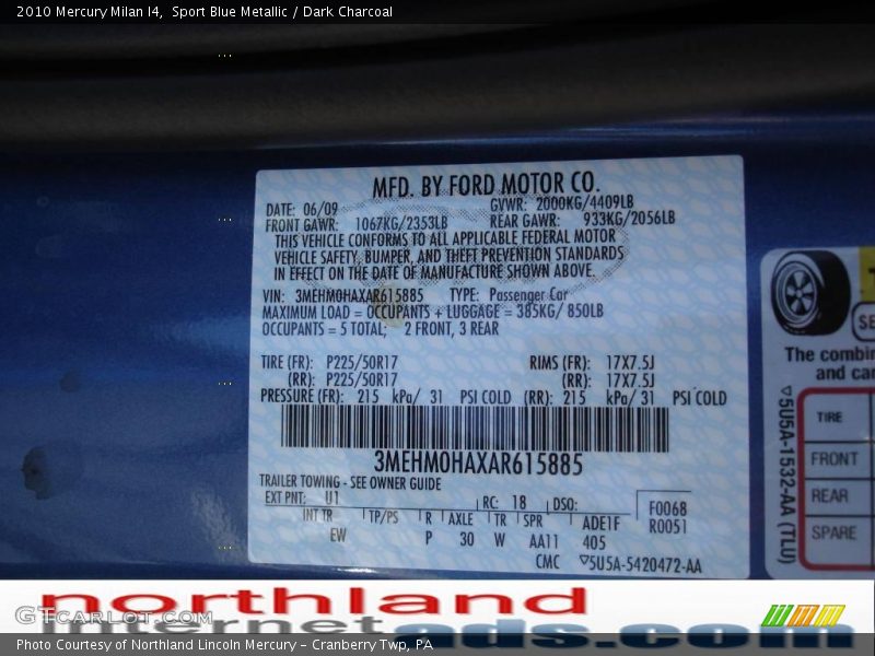 Sport Blue Metallic / Dark Charcoal 2010 Mercury Milan I4