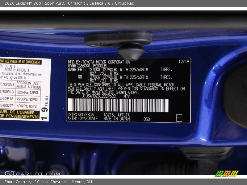 2020 NX 300 F Sport AWD Ultrasonic Blue Mica 2.0 Color Code 8X1