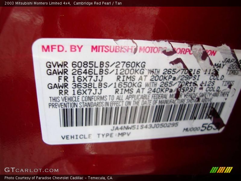 Cambridge Red Pearl / Tan 2003 Mitsubishi Montero Limited 4x4