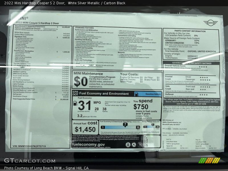  2022 Hardtop Cooper S 2 Door Window Sticker