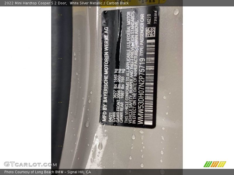 2022 Hardtop Cooper S 2 Door White Silver Metallic Color Code A62