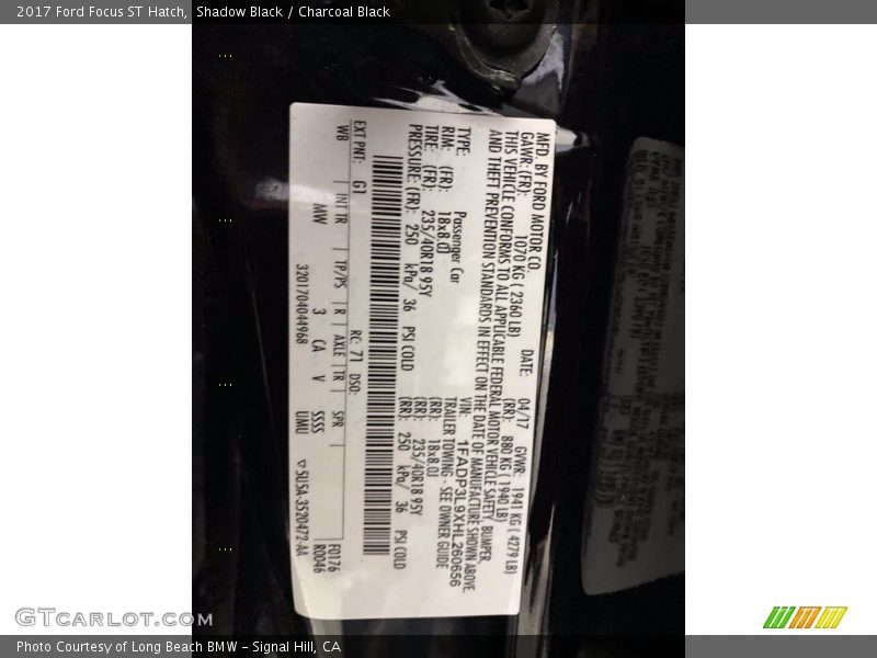 2017 Focus ST Hatch Shadow Black Color Code G1